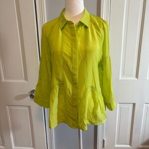Line & Dot Women Large Blouse Lime Green 100% Silk Open Back Long Sleeve LT1275D
